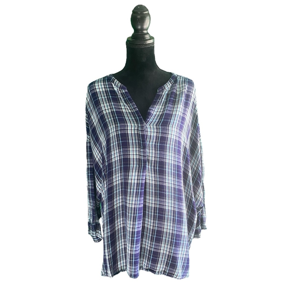 Lane Bryant Women’s 18/20 Blue Plaid Half Button-Up with 3/4 Sleeves